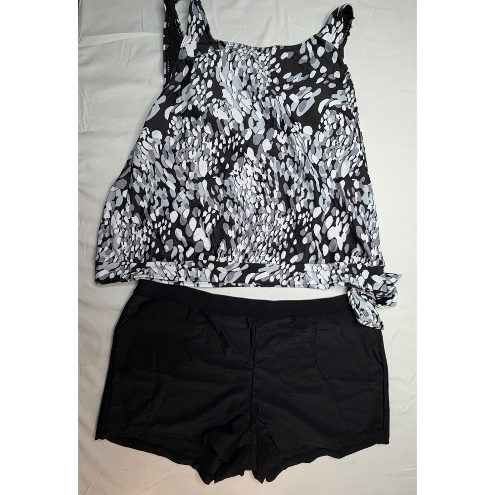 Swimsuits For All 3XL 3X 2PC Blouson Tankini Set Black‎ Gray Abstract Print NWOT - Picture 3 of 15